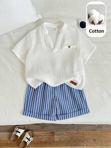 SHEIN 两件套男童夏季休闲度假可爱白色翻领短袖衬衫和条纹松紧腰短裤套装 - 彩色 - 查看 3