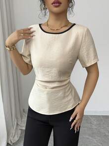 SHEIN Elenzya 女士优雅休闲杏色和黑色蝴蝶结设计褶皱腰部短袖修身衬衫，春夏款 - 杏色 - 查看 8