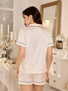 LuxeNights Minimalist Luxury Jacquard Contrast Trim Heart Embroidery Short Sleeve Shorts Pajama Set - Champagne - View 2