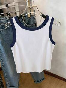 Resyla USA Flag Print Contrast Color Round Neck Cropped Tank Top For Women - White - View 2