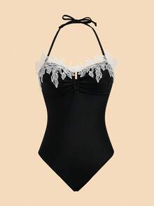 Travachic Women's Black One-Piece Swimsuit, Elegant Flower Summer For Beach, Holiday, Pool Party, Vacation Outfits, Y2k Casual Decorative - Multicolor - View 1