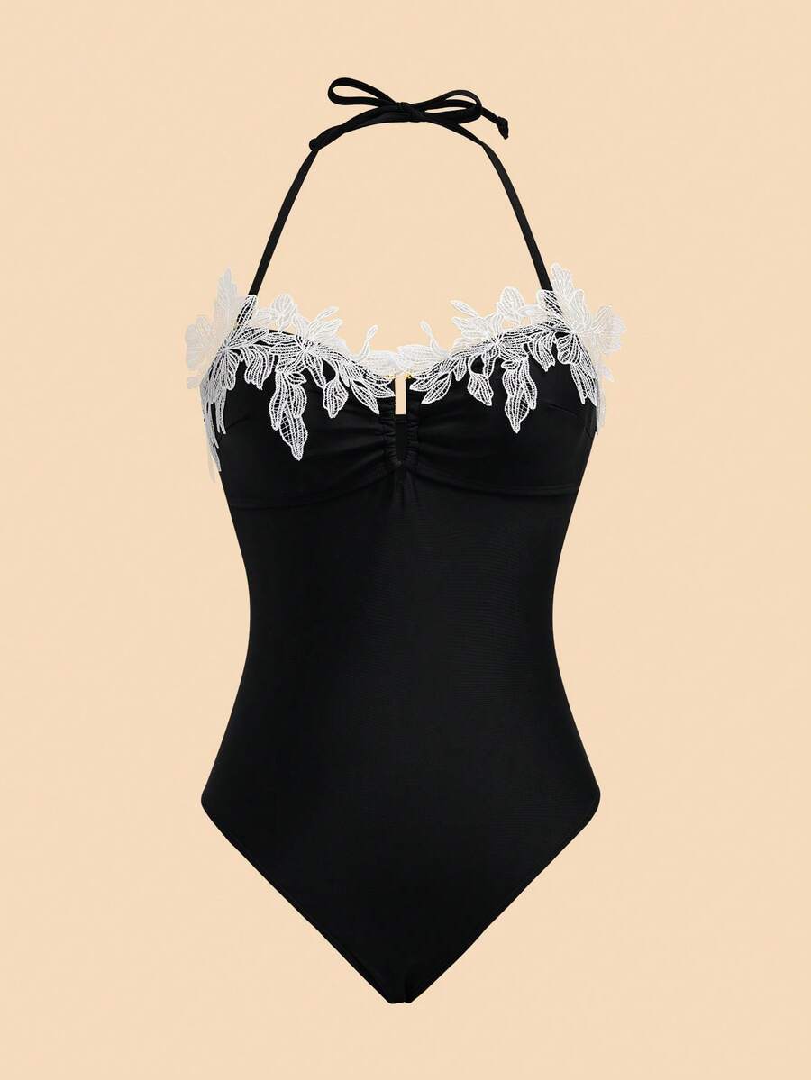 Travachic Women's Black One-Piece Swimsuit, Elegant Flower Summer For Beach, Holiday, Pool Party, Vacation Outfits, Y2k Casual Decorative - Multicolor - View 1