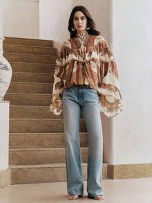 Anewsta 优雅复古飘逸花卉印花女式长袖宽松荷叶领衬衫，嘉年华风格，适合春夏季节和度假穿着。 - 彩色 - 查看 5