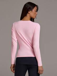 Athîral 女士长袖粉色刺绣T恤，休闲T恤，约会派对必备，通勤百搭，柔软舒适的弹力针织面料，粉色上衣，复古刺绣设计，适合健身和户外活动。 - 粉色 - 查看 5