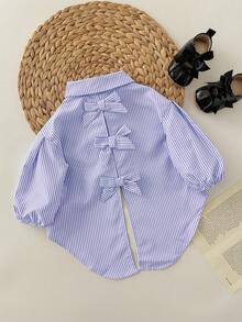 SHEIN 女嬰休閒街頭風不對稱條紋長袖上衣，親子套裝，女嬰適用 - 紫色 - 查看 3