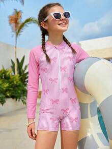 Tween Girls' One-Piece Swimsuit, Pink Striped Bow Print Long Sleeve Zipper, Suitable For Swimming, Summer Vacation, Beach - Pink - View 9