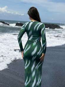 Swim Shayni Women's Tie Dye Green Bohemian Burkini Swimwear 3-Piece Set (Swimwear + Maxi Skirt + Pants), Beach Holiday, Spring/Summer - Green - View 2