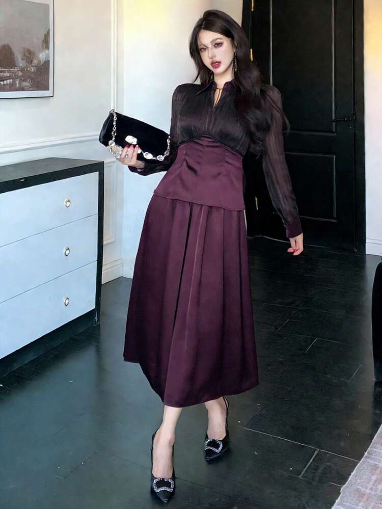 Women's Elegant Commuter Colorblock Patchwork Shirt And Skirt 2 Pieces Set