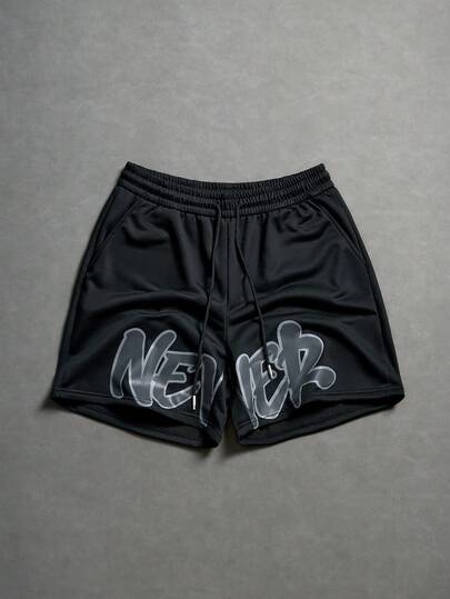 PAVTROS Men's Letter Print Black Shorts, Elastic Waist Loose Straight Leg Style, Suitable For Casual Daily Wear, Fashionable Choice,Spring To Summer,Summer,Vacation,Vintage,Going Out,Party,Festival,Gift For My Boyfriend,Streetwear,Workout