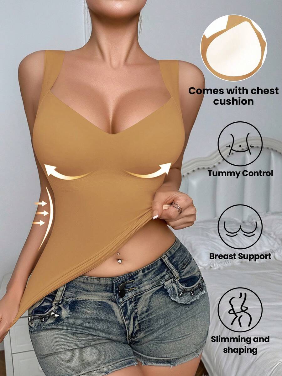 SHEIN Camisola moldeadora sin costuras para mujer, adelgazante de cintura y abdomen, chaleco de soporte simple que se puede usar como prenda exterior, 1 pieza - Camel - Ver 1