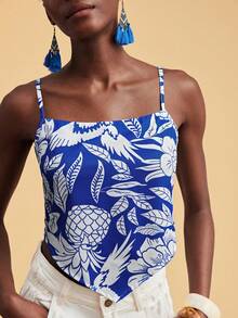 SHEIN TRVLCHIC Women's Casual Asymmetric Hem Pineapple Print Camisole Top,Summer Top - Blue and White - View 7