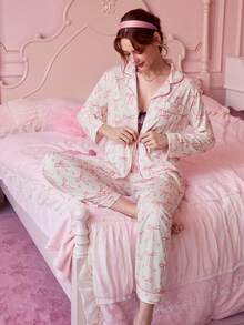 Bonmuse Bộ đồ ngủ in nơ thanh lịch 2 món, bao gồm áo dài tay thoải mái có cổ và quần cạp chun rộng rãi, thích hợp làm đồ ngủ, mặc đi chơi, dự tiệc, mặc được mọi mùa, mặc mùa đông - Hồng - Xem 9