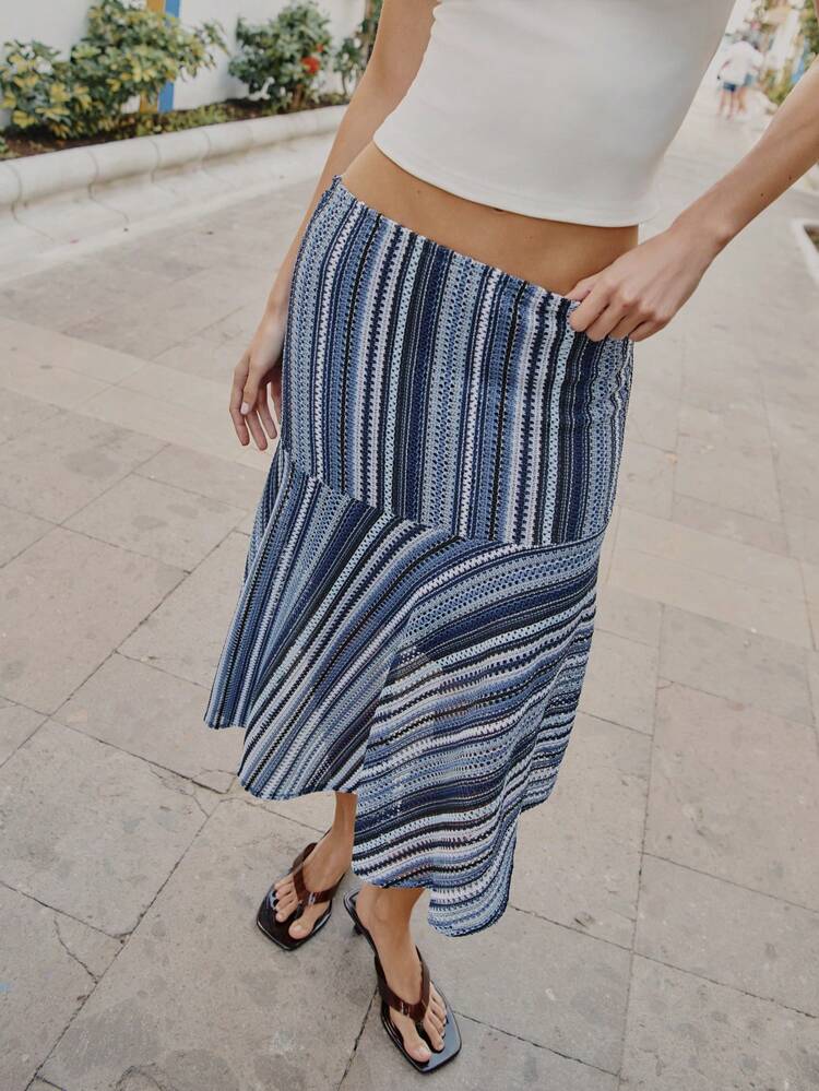 Nöista Textured Knit Asymmetrical Skirt Features A And Diagonal Blue Striped Patterns. Spring, Summer, Easter, Cover Up, Beachwear. - Blue - View 3