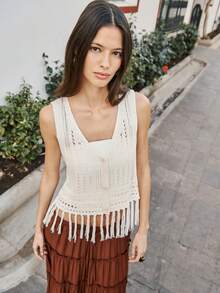 Nöista Crochet Vest Features With OpenEventAnd A V-Neckline, Button Down In Fron. Boho, Festival, Spring, Summer, . - Apricot - View 6