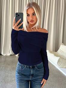 Aloruh Women's Casual Elegant Off-Shoulder Fitted Long Sleeve T-Shirt Spring - Navy Blue - View 8