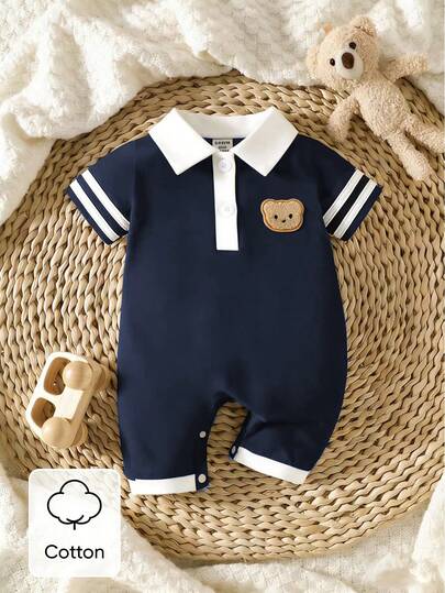 SHEIN Playful Pals 夏季新生男宝宝蓝色翻领拼接灰色短袖小熊连体衣 时尚休闲运动款