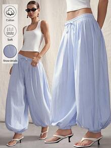 SHEIN ICON Pantalones holgados de mujer con estampado de rayas, cintura con cordón, apropiados para ir al trabajo y de vacaciones - Azul y blanco - Ver 4