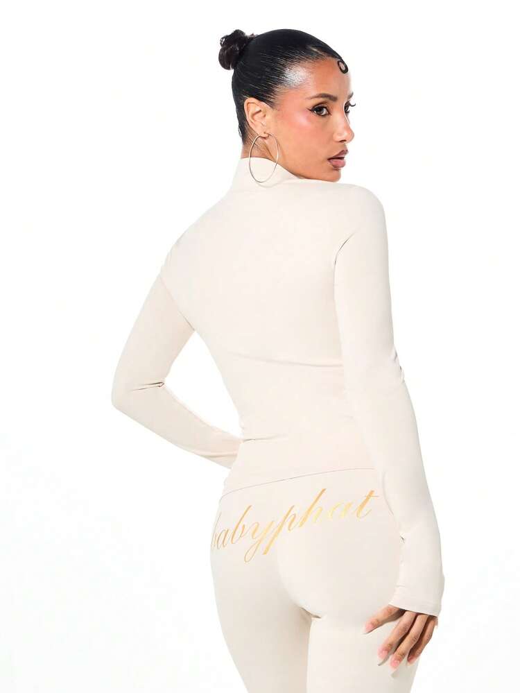 BABYPHAT Women's High Neck Long Sleeve Jersey Zip Up Top With Glitter Script Print And Thumb Holes For Casual Wear