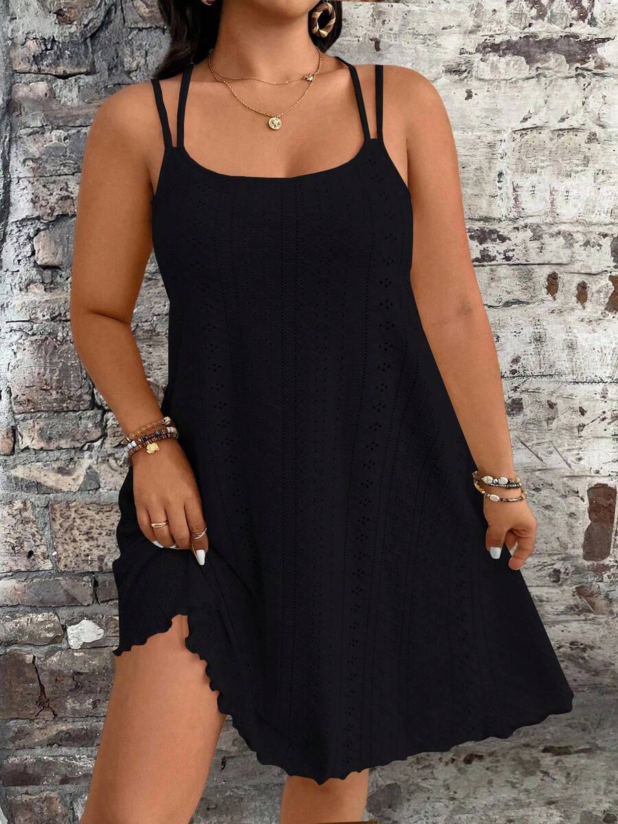 SHEIN PETITE Women's Solid Color Casual Date Party Spaghetti Strap Mini Dress - Black - View 1