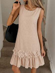 Easowa Đầm ngắn không tay kẻ caro dáng casual dành cho nữ, họa tiết hoa 3D, thích hợp cho mùa hè. - Màu Khaki - Xem 6