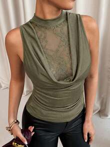 Lavishia Canotta in pizzo con scollo profondo da donna, per primavera/estate - Verde militare - Visualizzare 3