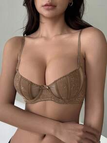 DAZY Mesh Contrast Lace Lightweight Padded Sexy Bra - Khaki - View 4