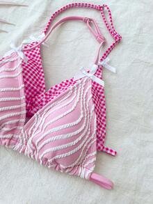 2件套少女比基尼套装，夏季海滩度假格子蝴蝶结泳衣套装+纯色纹理泳衣套装 - 彩色 - 查看 7