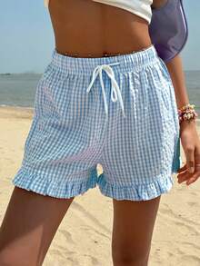 Jouncy Women's Plaid Print Drawstring Waist Ruffle Hem Casual Shorts - Multicolor - View 4