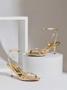 SHUZIA Giày sandal cao gót mũi tròn quai ngang mắt cá chân thanh lịch tối giản dành cho nữ. - Vàng - Xem 3