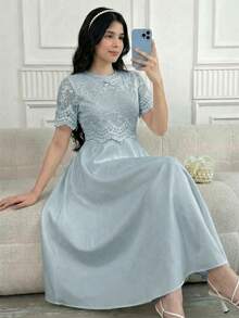 SHEIN 少女绿色蕾丝拼接缎面优雅迷人派对礼服 - 綠色 - 查看 2