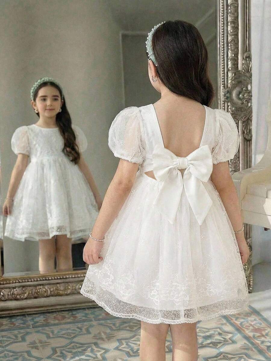 少女优雅可爱夏季网纱刺绣图案短袖连衣裙 - 白色 - 查看 1