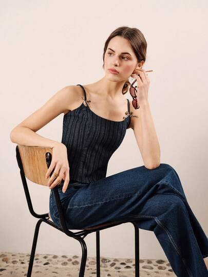 lacRébo Dark Blue Striped Denim Top With Little Leopard Bows Cute Chic Top Vintage Top Spring Summer Going Out Top Parisian Style Clothes French Style