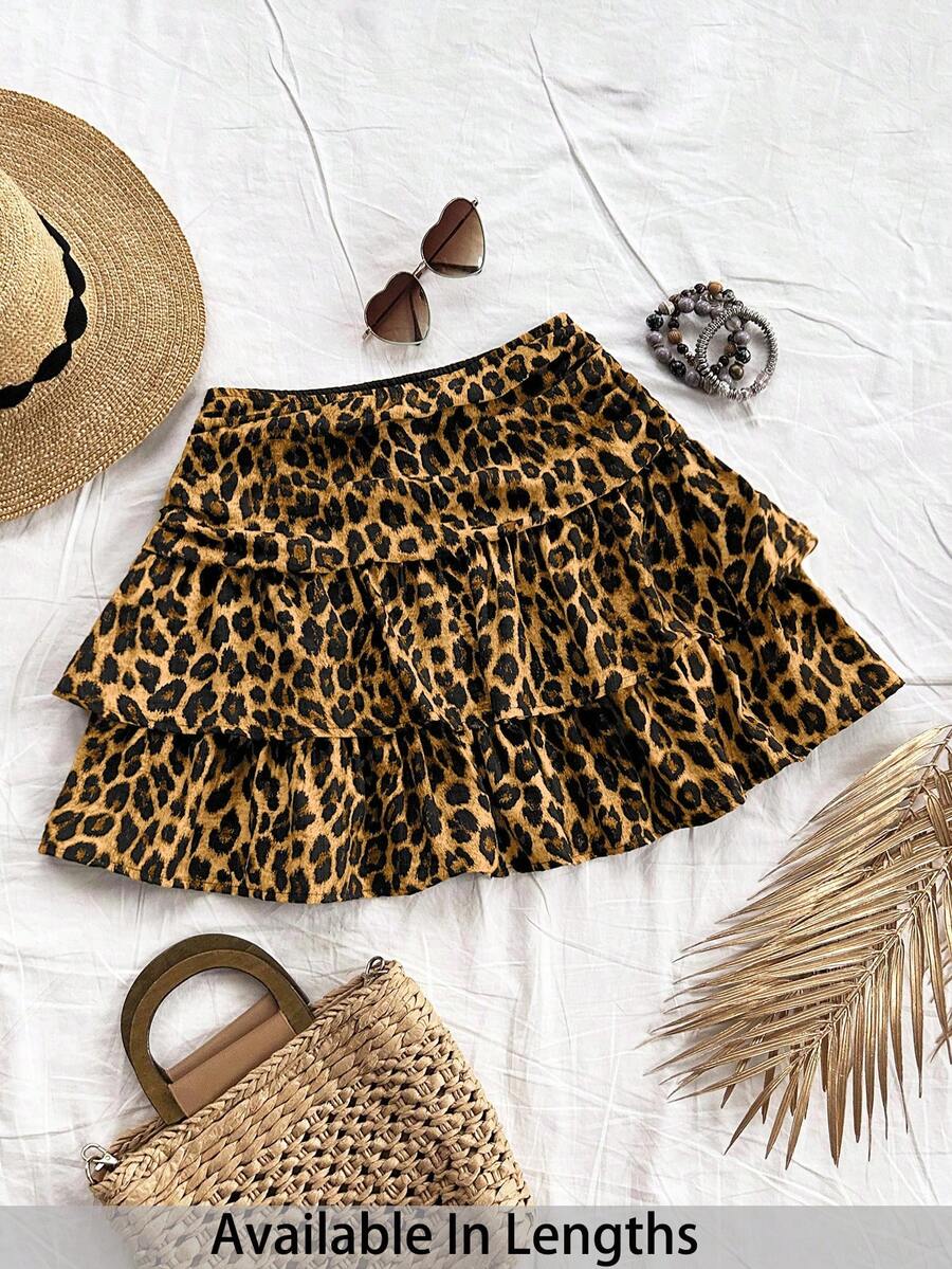 SHEIN Tall CURVE Plus Size Women Vintage Leopard Print Ruched Double-Layer Ruffle Hem Mini Cute Lunch Casual Skirt - Multicolor - View 1
