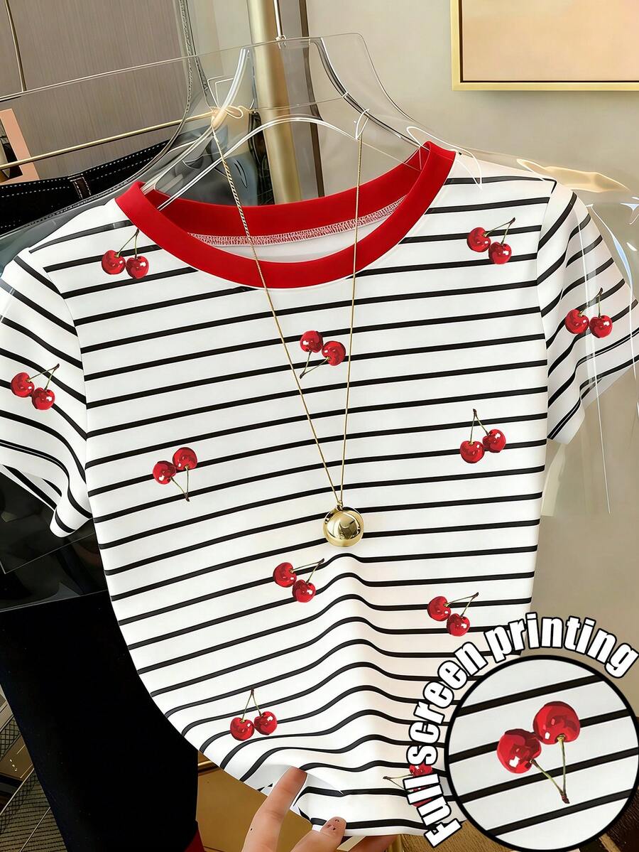 Resyla 女士条纹樱桃印花休闲圆领短袖T恤 - 彩色 - 查看 1