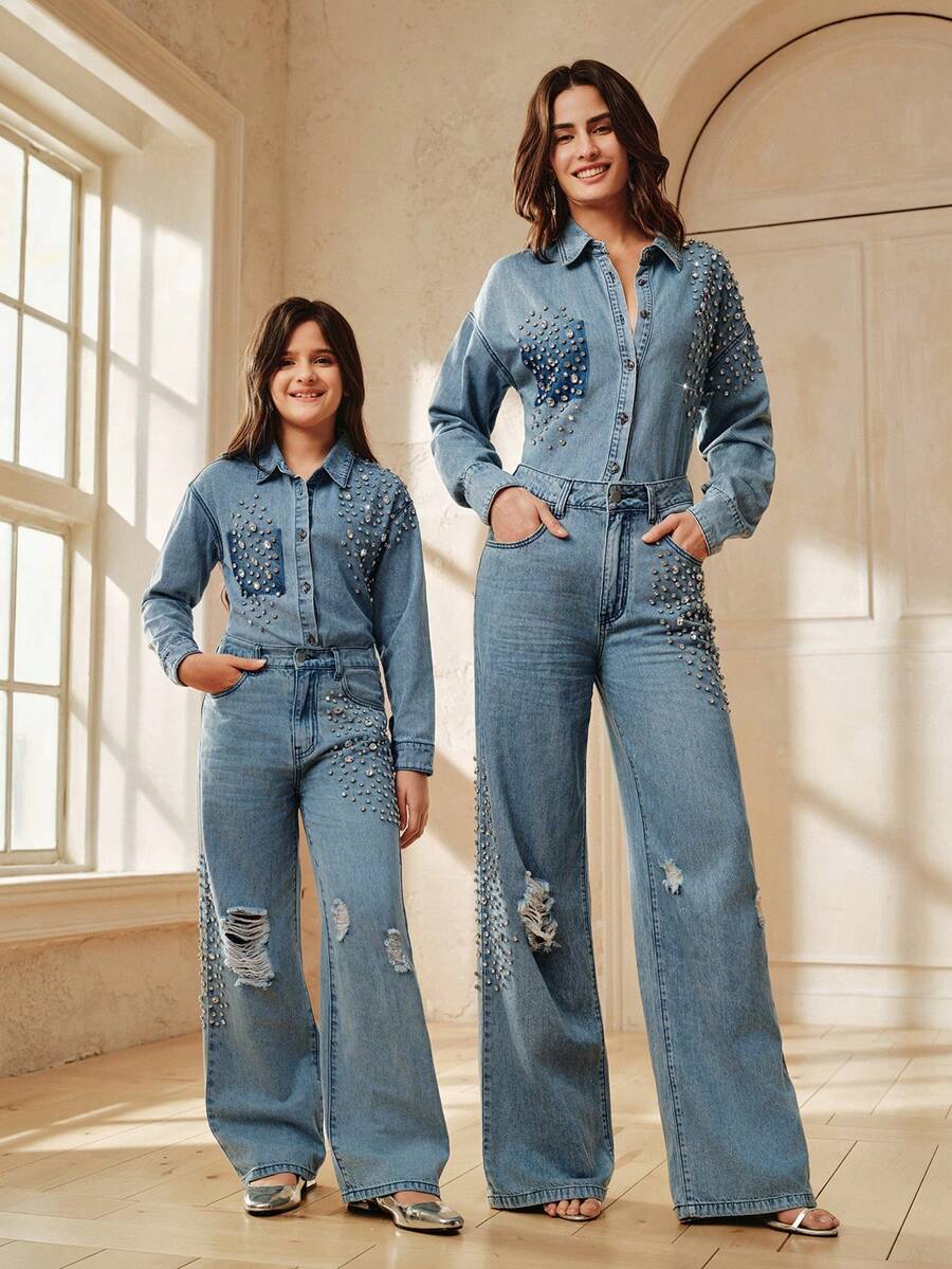 Anewsta Quần jeans ống đứng rách gấu đính đá lấp lánh thời trang cho bé gái, thích hợp cho mùa xuân/hè. - Màu xanh lam - Xem 1
