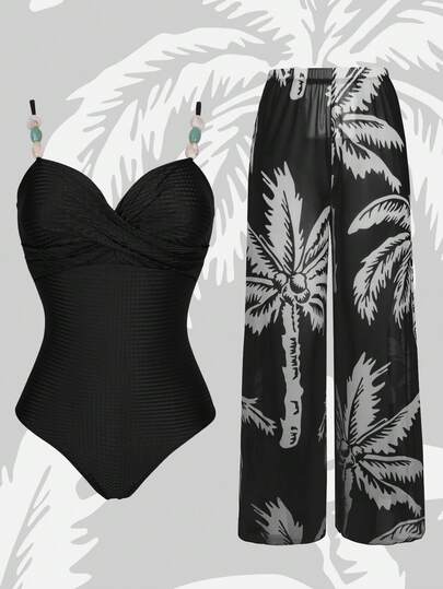 Swim Oasis Conjunto de traje de baño de 2 piezas con un bañador de una pieza con tirantes cruzados y decoración de piedras para vacaciones de verano en la playa, y pantalones largos versátiles con estampado aleatorio de árboles de coco