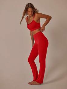 Aralina Conjunto de ropa deportiva para mujer con top corto con aberturas y cortes y leggings de cintura alta elásticos - Rojo - Ver 3