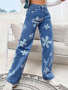 SHEIN EZwear 休闲水洗印花直筒牛仔裤 - 深色水洗藍 - 查看 6