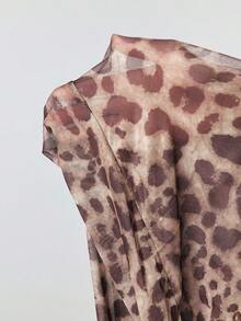 ROMWE PETITE Leopard Print Plunging Neck Sexy Bodycon Mesh Dress For Women - Maroon - View 9