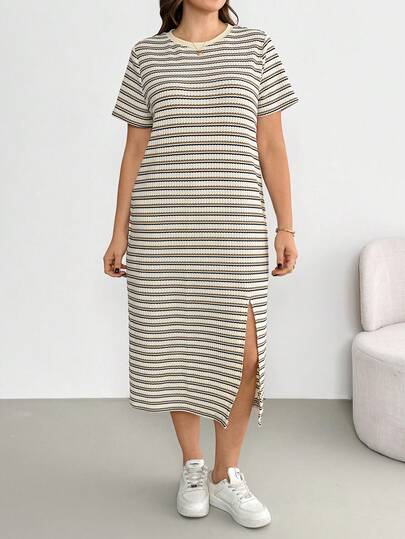 Shapeblank 大码女式休闲宽松舒适日常百搭显瘦杏色条纹短袖中长连衣裙，简约风格，夏季穿搭，适合工作场合，欧洲夏季