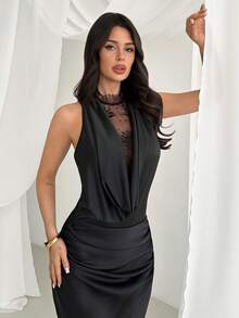 Firerie Women's Elegant Sexy Minimalist Romantic Daily Versatile Music Festival Party Date Vacation Beach Plunging Neck Lace Sheer Splice Sleeveless Bodysuit, Black - Black - View 3