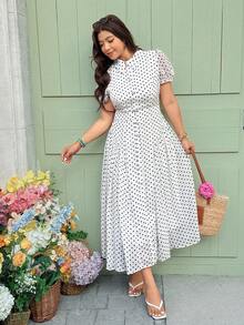 Vionelle 大码女士优雅波点图案连衣裙 - 杏色 - 查看 6