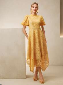 Anewsta Spring And Summer New Openwork Water-Soluble Lace Embroidered Slim Waist Stand Collar Puff Sleeve Asymmetrical Hem Elegant Mid-Length Dress - Pale Yellow - View 6