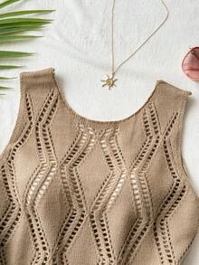Travachic Women's Brown Hollow-Out Knit Loose Tank Top, Summer Vacation, Christmas Party, Elegant New Year's Eve, Casual Going Out, Tank Top - Brown - View 9