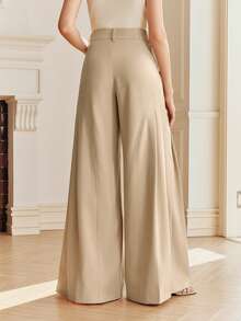 Anewsta 现代派对褶皱简约高腰卡其色百搭通勤阔腿裤（女款） - 卡其色 - 查看 7
