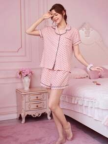 Bonmuse 2件組女款迷你圓點印花短袖鈕扣上衣與蝴蝶結短褲睡衣套裝，適合夏季居家休閒穿著，夏季兩件套 - 粉色 - 查看 6