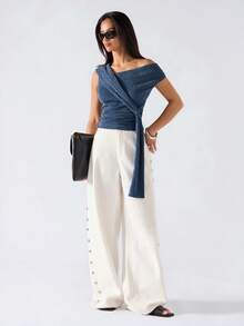 LYSMO 2026新款极简主义春夏女装纯色缎带设计休闲百搭日常上衣，夏季女装，春假/春季/春季/派对上衣/派对/海滩/女士海滩/海滩/婚礼及活动/外出上衣/外出上衣/女士外出上衣/外出/外出上衣/外出/毕业典礼/女士优雅针织上衣/女士度假/女士假日/夏季假日/度假/假日/女士度假/假日/女士海滩度假/女士休闲衬衫/女士休闲/Y2K/波西米亚风上衣/女士休闲蓝色纹理肩部上衣 - 霧霾藍 - 查看 7