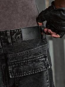 NEON BLANC Quần jeans ống loe cargo nam, kiểu dáng thường ngày, đã qua xử lý giặt. - màu đen - Xem 3