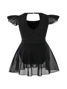 Young Girls Elegant & Cute Flutter Sleeve Professional Ballet Dance Leotard With Skirt, Training Activewear - Black - View 3