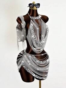 Mistrie Women's Sexy Sheer Chain Rhinestone 2 Pieces Set, Autumn/Winter - Silver - View 7